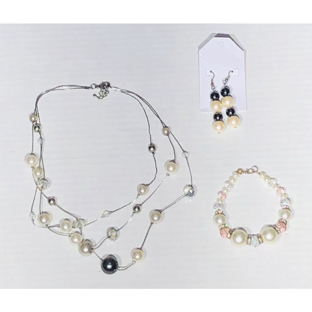 Vintage Pearl Multi Strand Necklace Bracelet Earrings Set